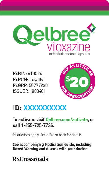 Qelbree® (viloxazine extended-release capsules) savings card.