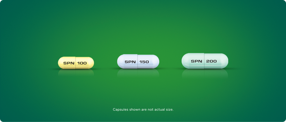 Qelbree comes in three strength options with three capsule sizes: "SPN 100," "SPN 150," and "SPN 200." 