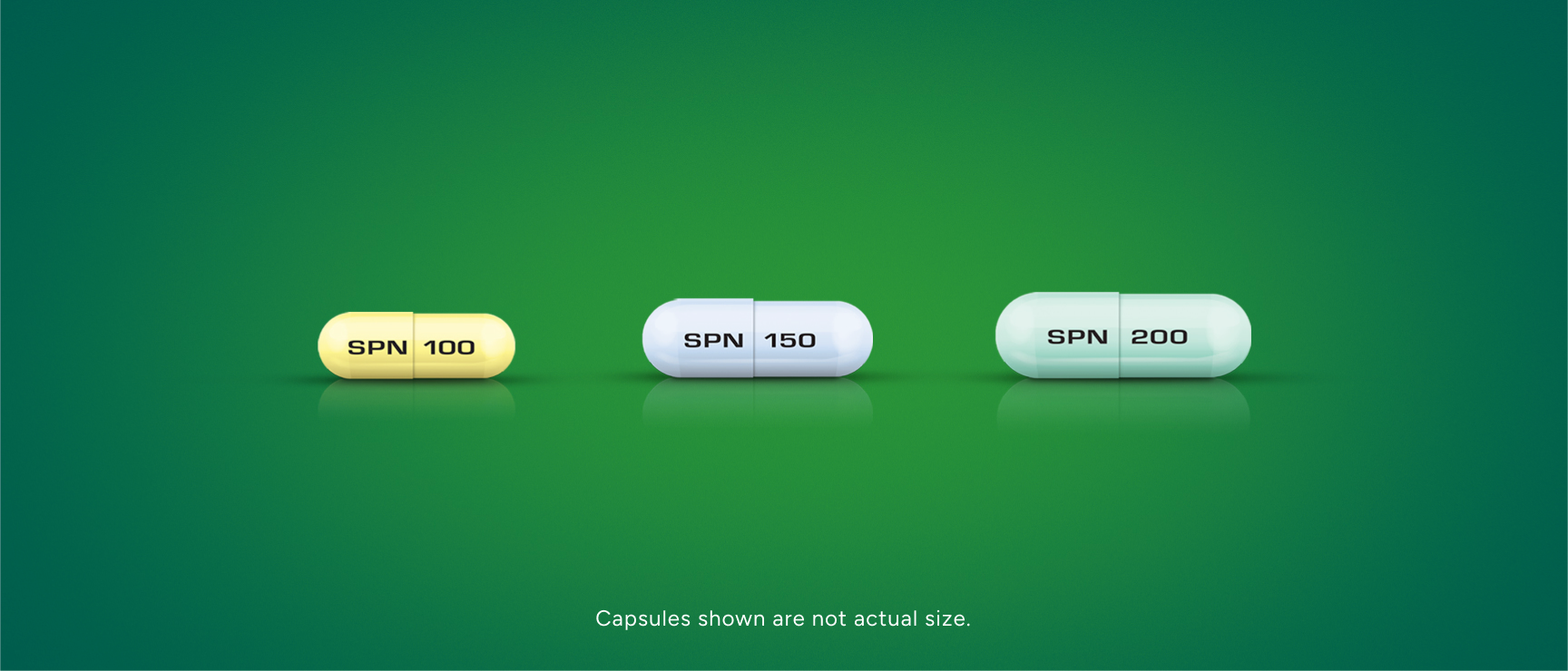 Qelbree comes in three strength options with three capsule sizes: "SPN 100," "SPN 150," and "SPN 200." 